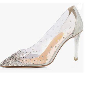 FSJ Silver Clear Heel Pointed Toe Rhinestons Pumps Clear Lucite High Heels Shoes
